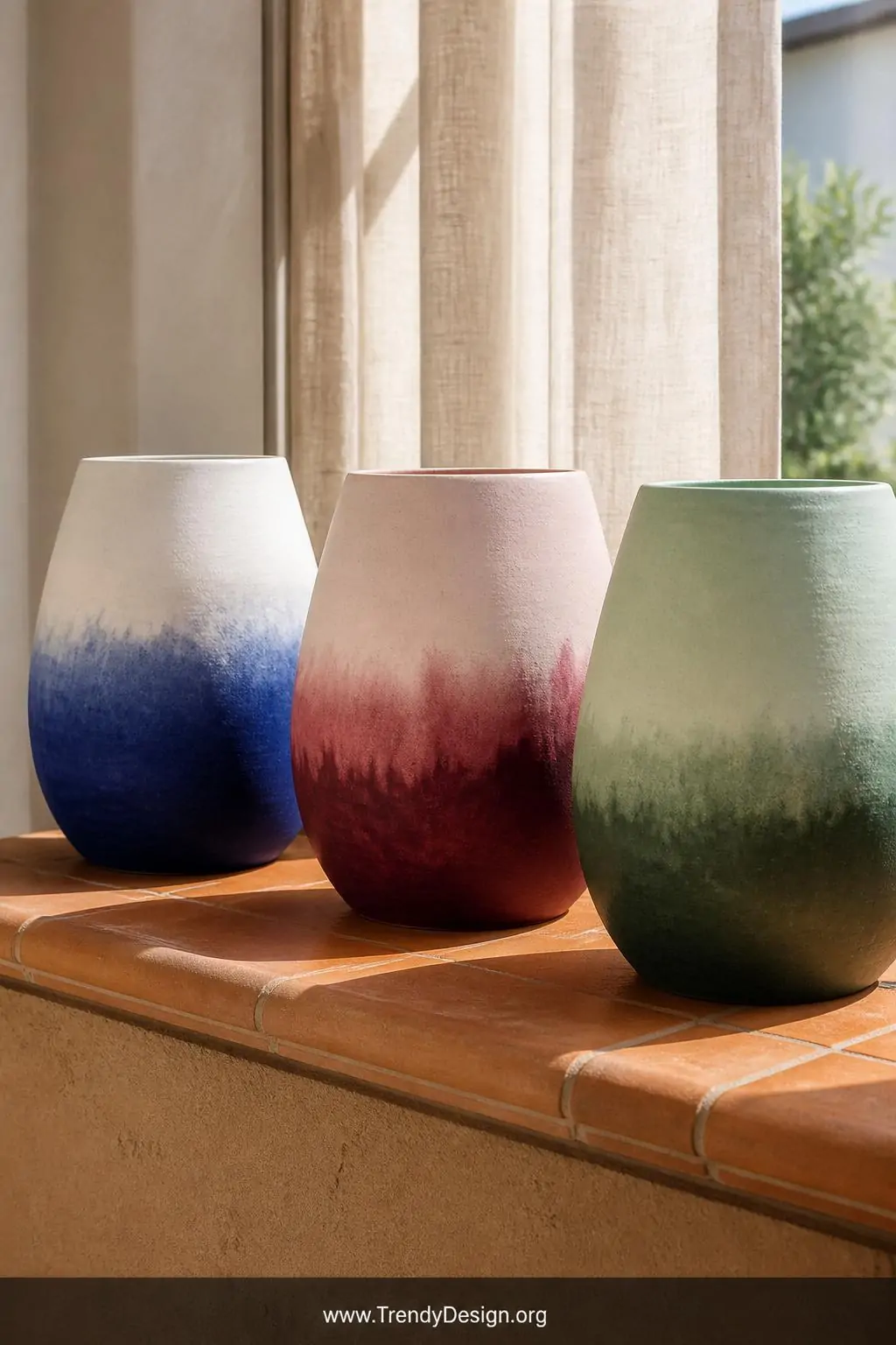 Closeup shot of three clay pots lined on a terracotta tile windowsill showcasing stunning ombre dip-dye gradients   white dis