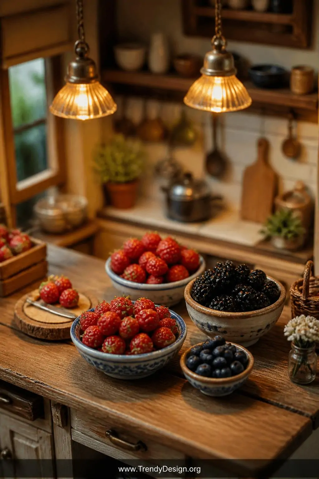 A wide photorealistic shot of a miniature dollhouse kitchen counter styled with tiny ceramic bowls overflowing with red clay 
