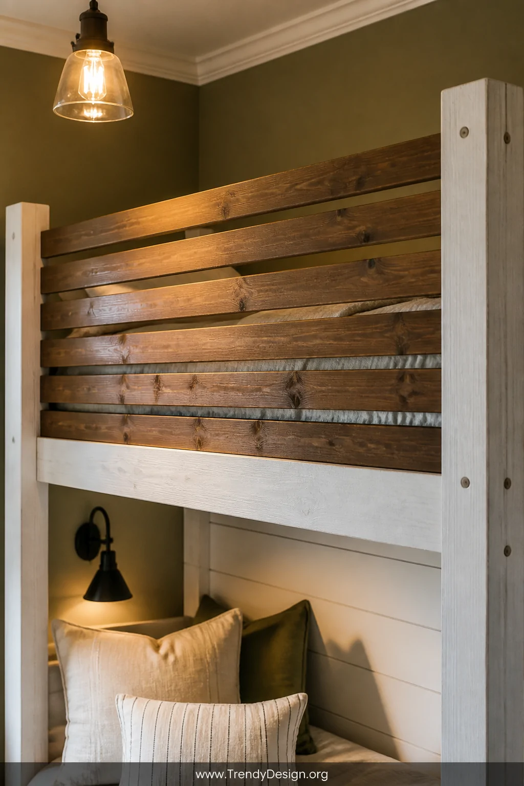 Medium shot of a farmhouse-style bunk bed guard rail featuring evenly spaced thin pine slats finished in warm walnut stain be