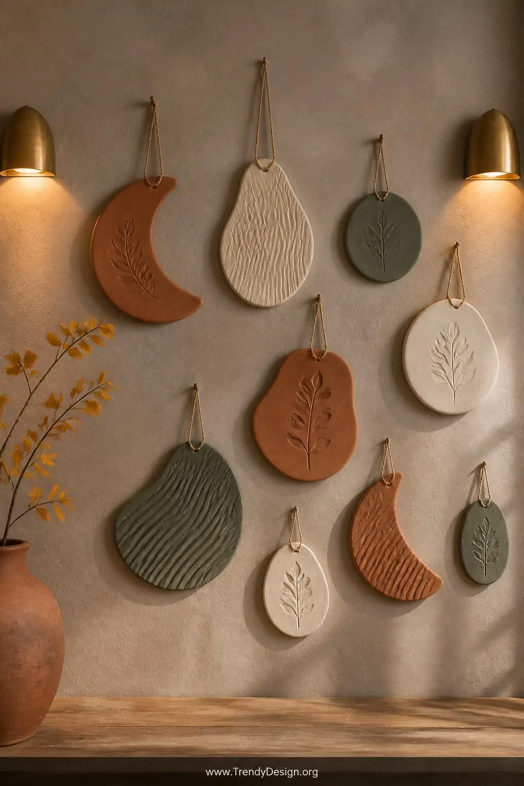 A wide shot of a gallery wall featuring organic clay wall hangings in moon and asymmetrical blob shapes, painted in warm terr