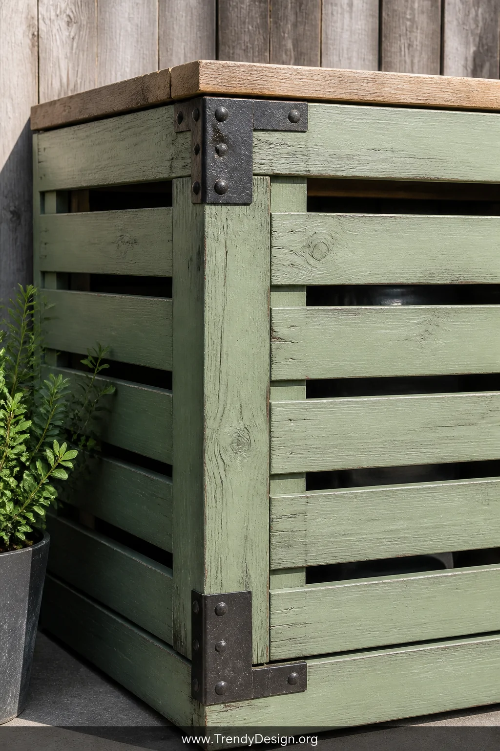 Closeup shot of a rustic repurposed wooden pallet enclosure painted in soft sage green exterior paint, visible rough-hewn woo