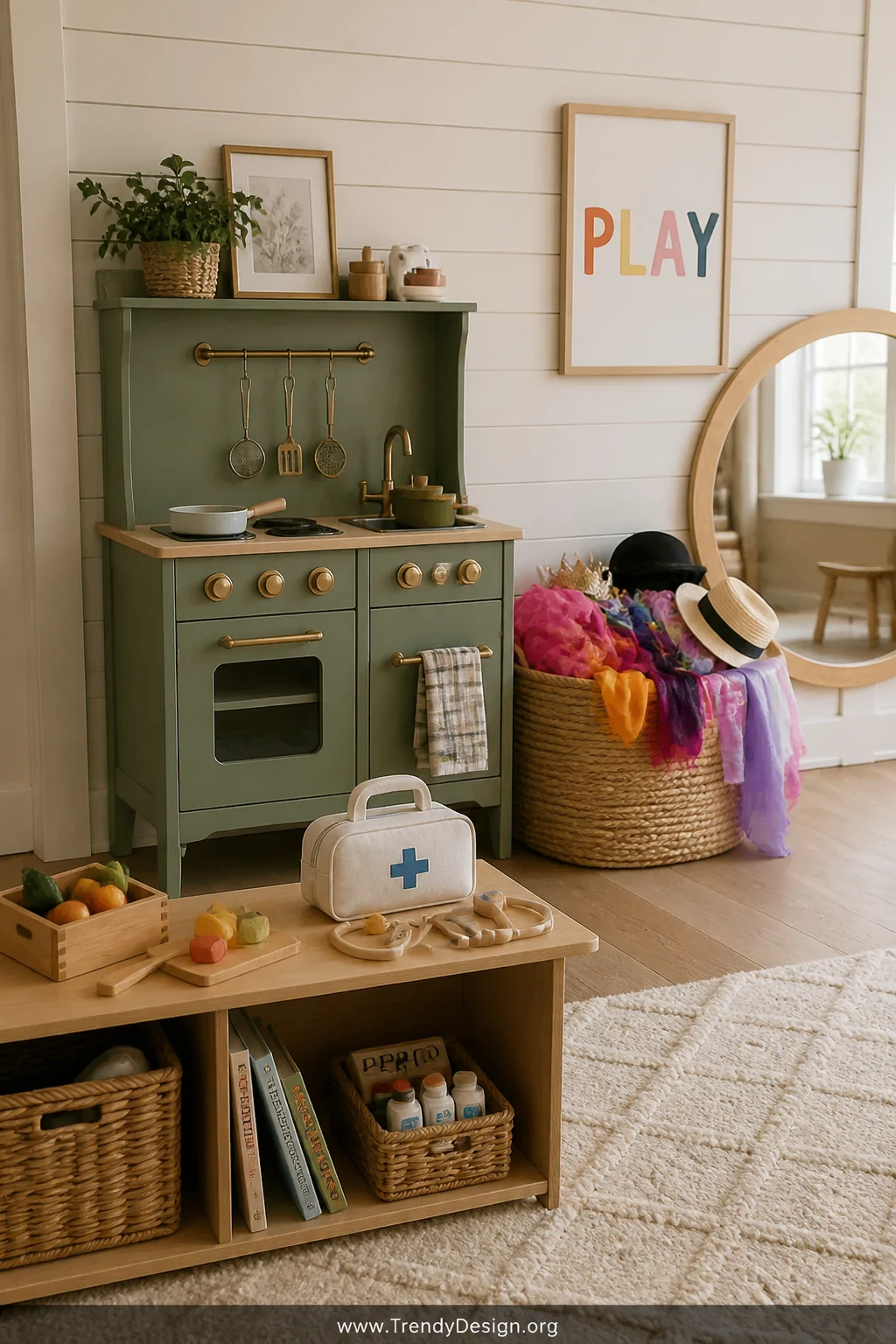 A charming toddler pretend play zone centered around a compact sage green wooden play kitchen with brass knob details, a wove