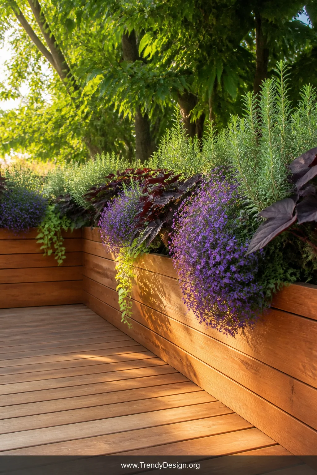 Medium shot of cedar built-in planter box borders lining a elevated deck perimeter, overflowing with cascading purple lobelia