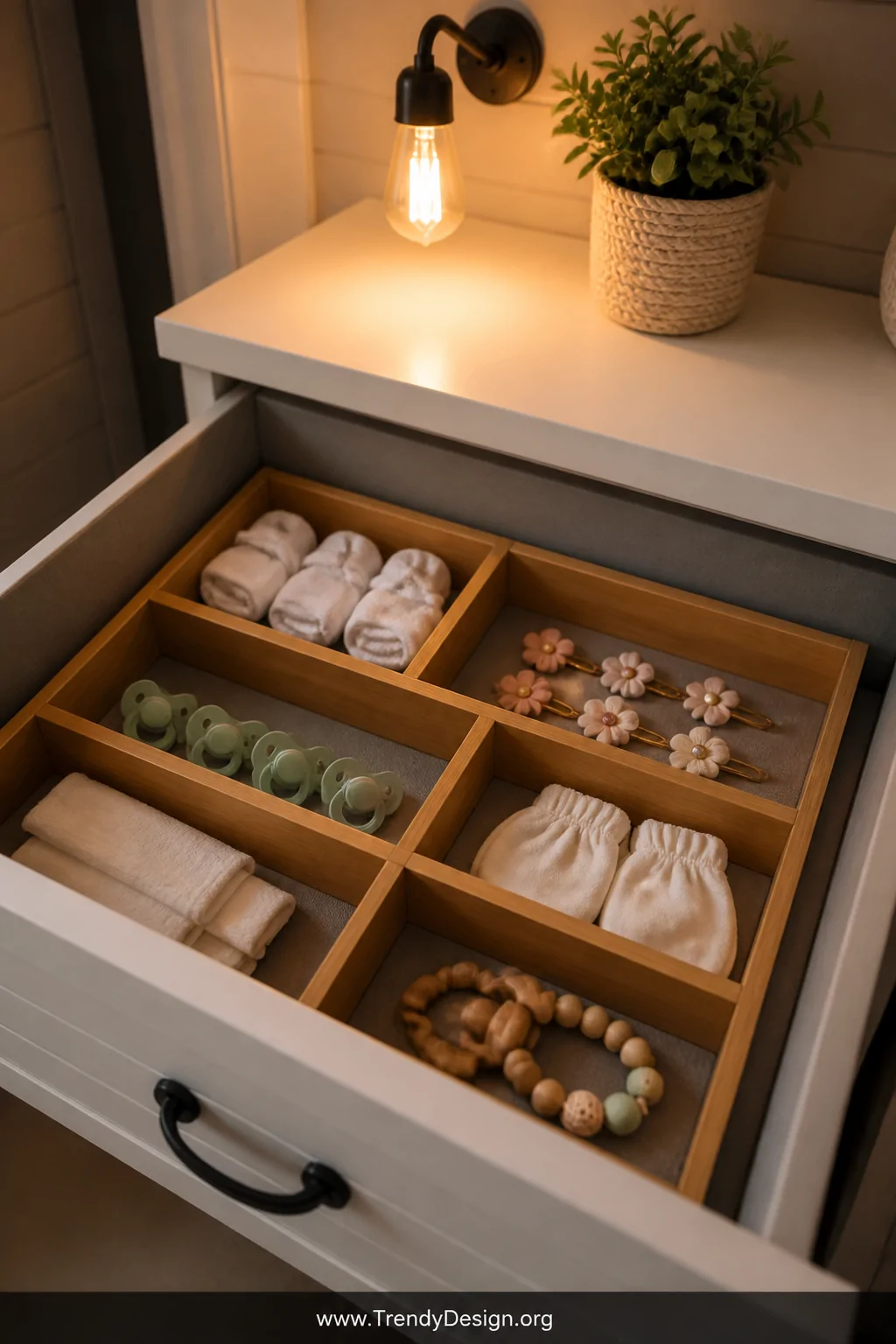 Closeup shot of an open dresser drawer fitted with natural bamboo drawer dividers creating six distinct compartments, each zo