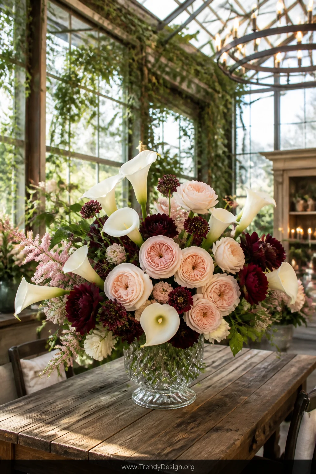 A lush romantic bouquet combining sleek white calla lilies with full-petaled blush garden roses and deep burgundy blooms, dis