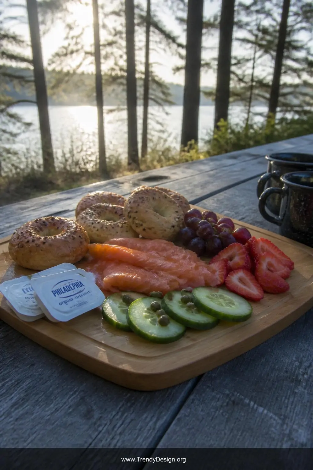 A wide morning-light shot of a bamboo breakfast board arranged on a picnic table dappled in cool blue-white sunrise light, di