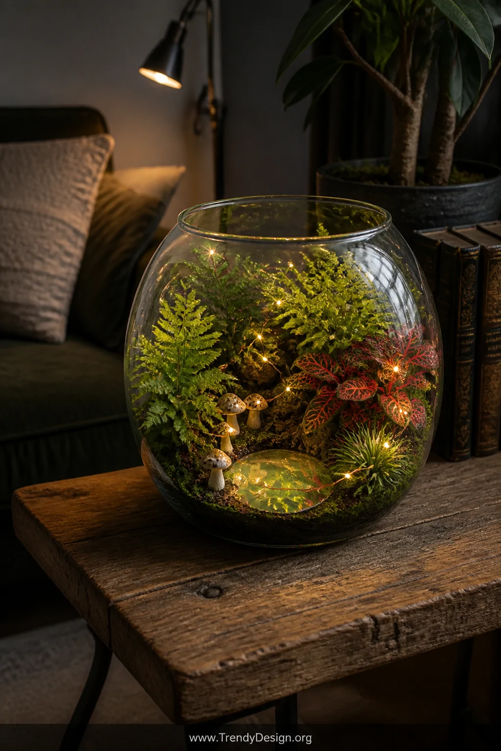 Wide room detail shot of a glowing fish bowl terrarium on a rustic wooden side table in a dimly lit living space, packed with
