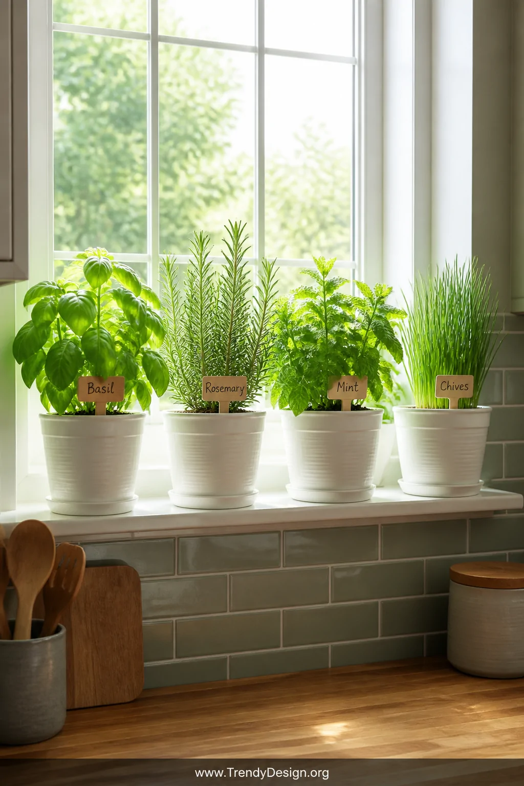 A bright kitchen windowsill lined with a neat row of matching white ceramic pots holding vibrant basil, rosemary, mint, and c