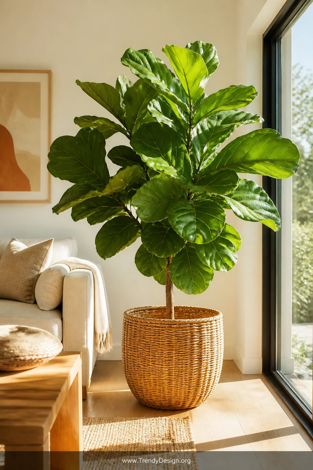 Medium shot of a sun-drenched living room corner anchored by a large faux fiddle leaf fig in a chunky woven rattan planter, o