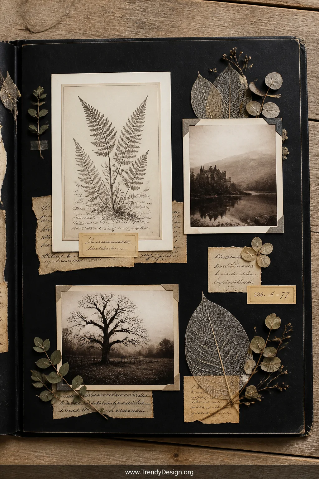 A close-up photorealistic flat-lay of a black scrapbook page on aged oak wood surface under soft diffused natural daylight, s