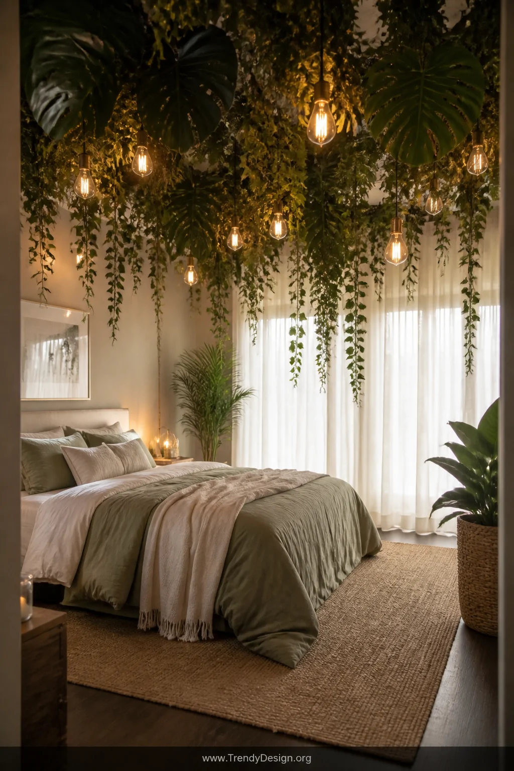 A photorealistic wide-angle shot of a dreamy bedroom with clusters of artificial tropical leaves and woven ivy vines suspende