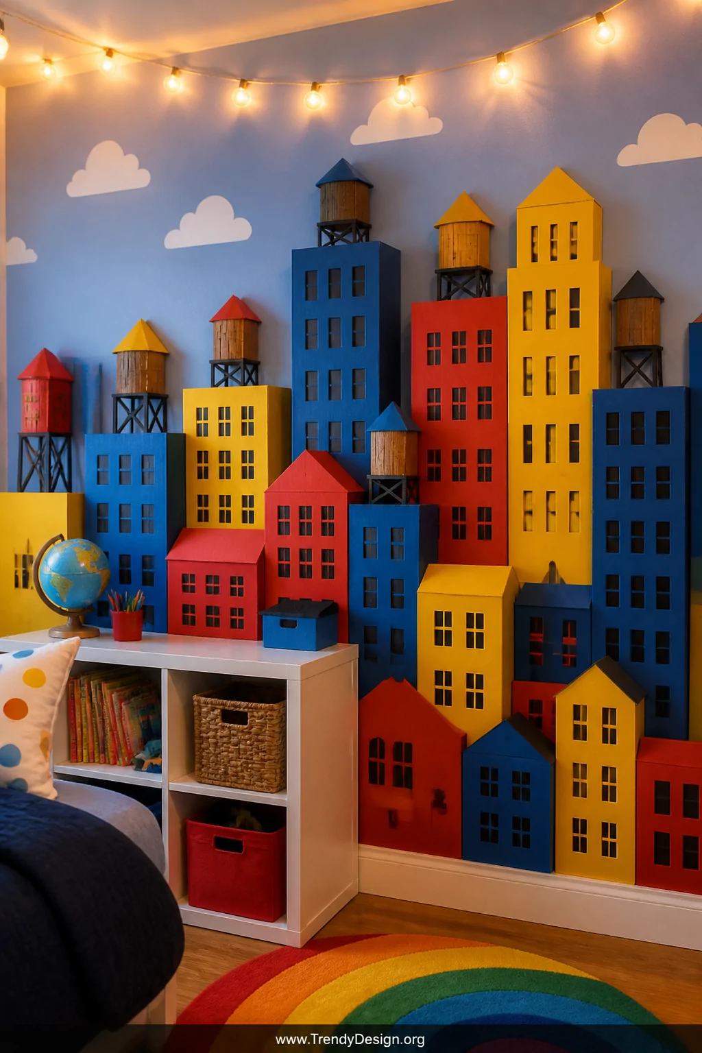Medium shot of a children's bedroom wall displaying a whimsical 3D cityscape built from scored and folded poster board in pri