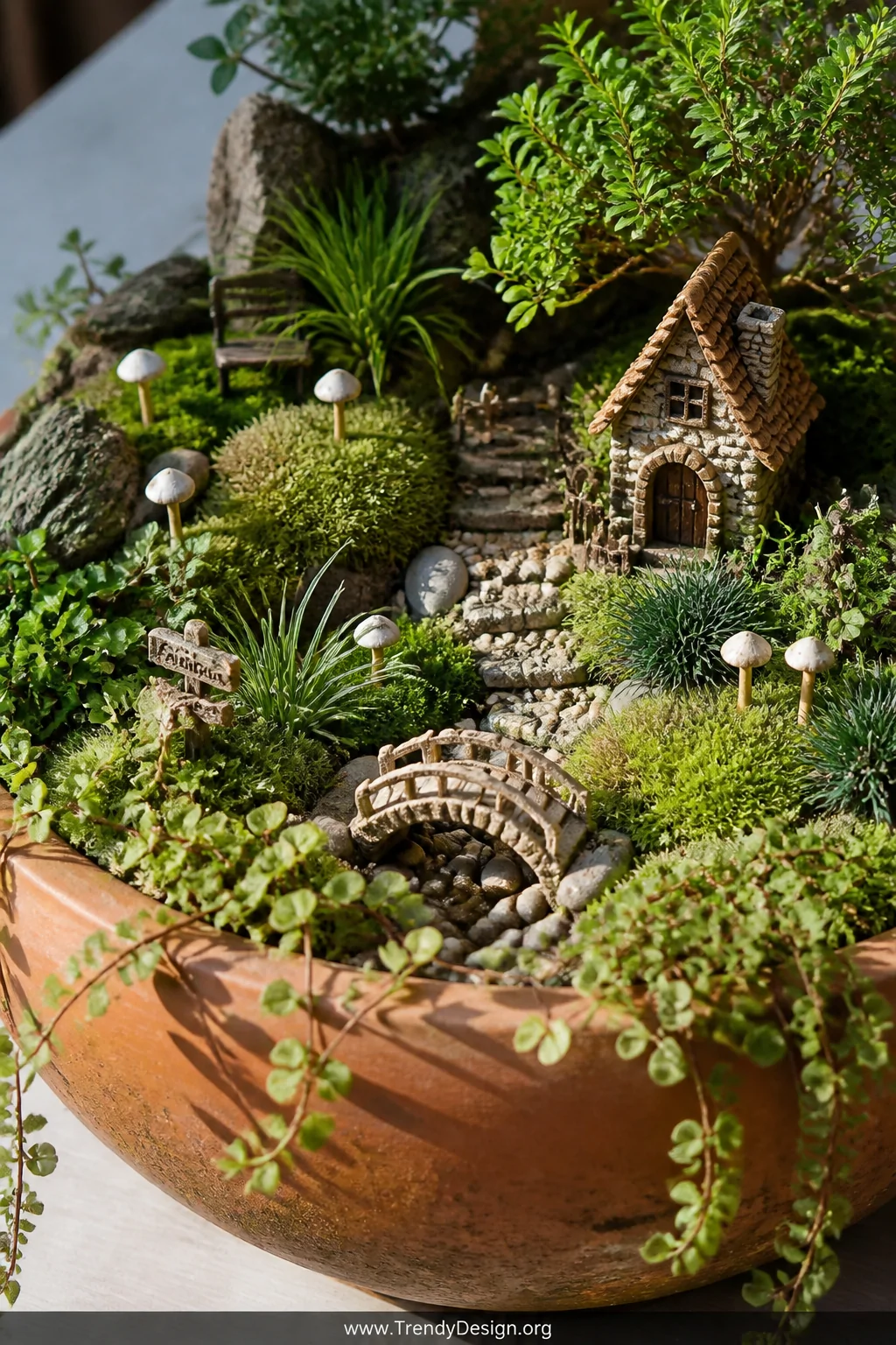 A photorealistic closeup shot of an enchanting miniature fairy garden world spilling from a wide shallow terracotta pot, with