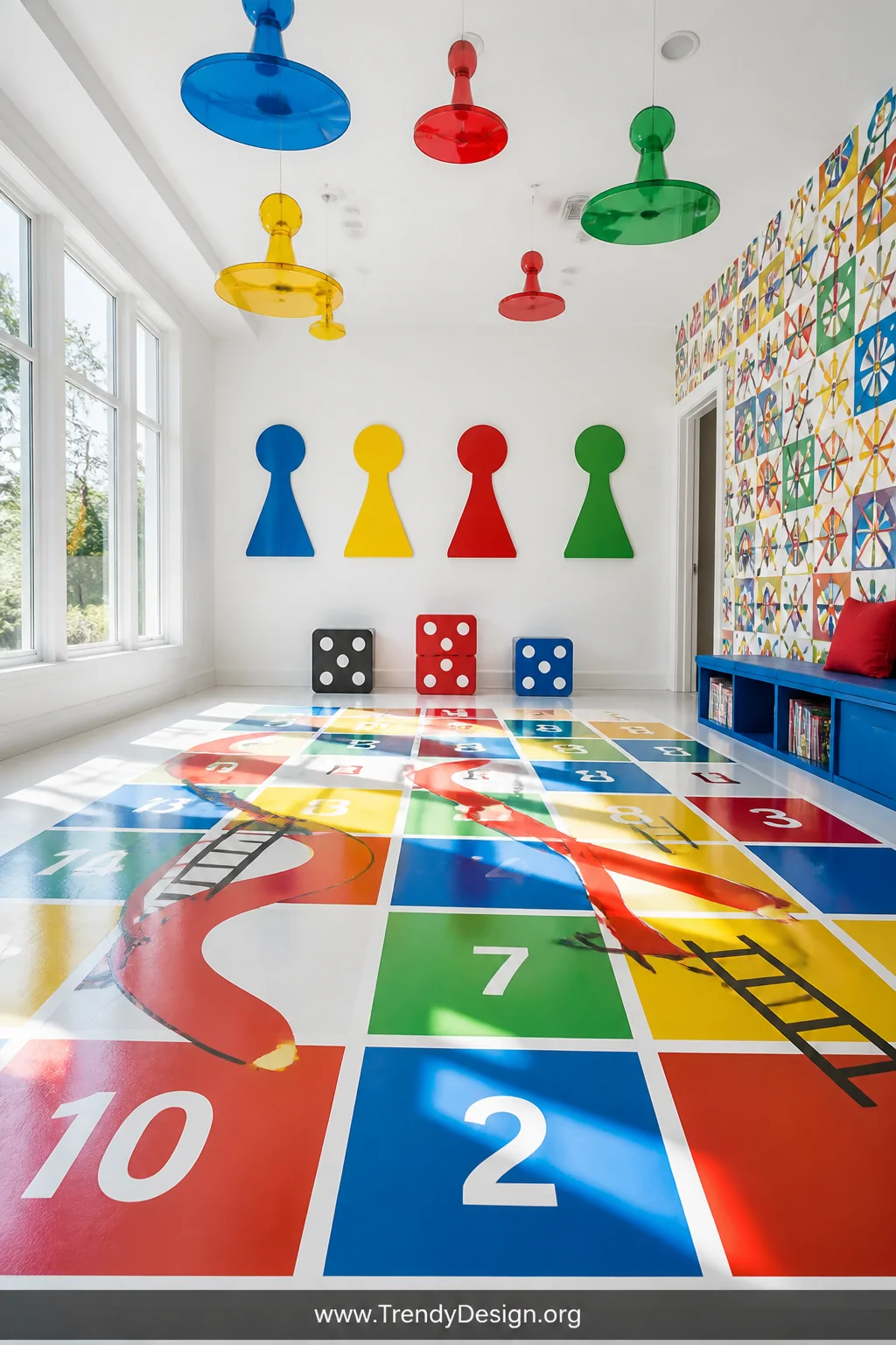 A wide-shot photorealistic children's playroom featuring a vibrant life-sized Chutes and Ladders mural painted directly onto 