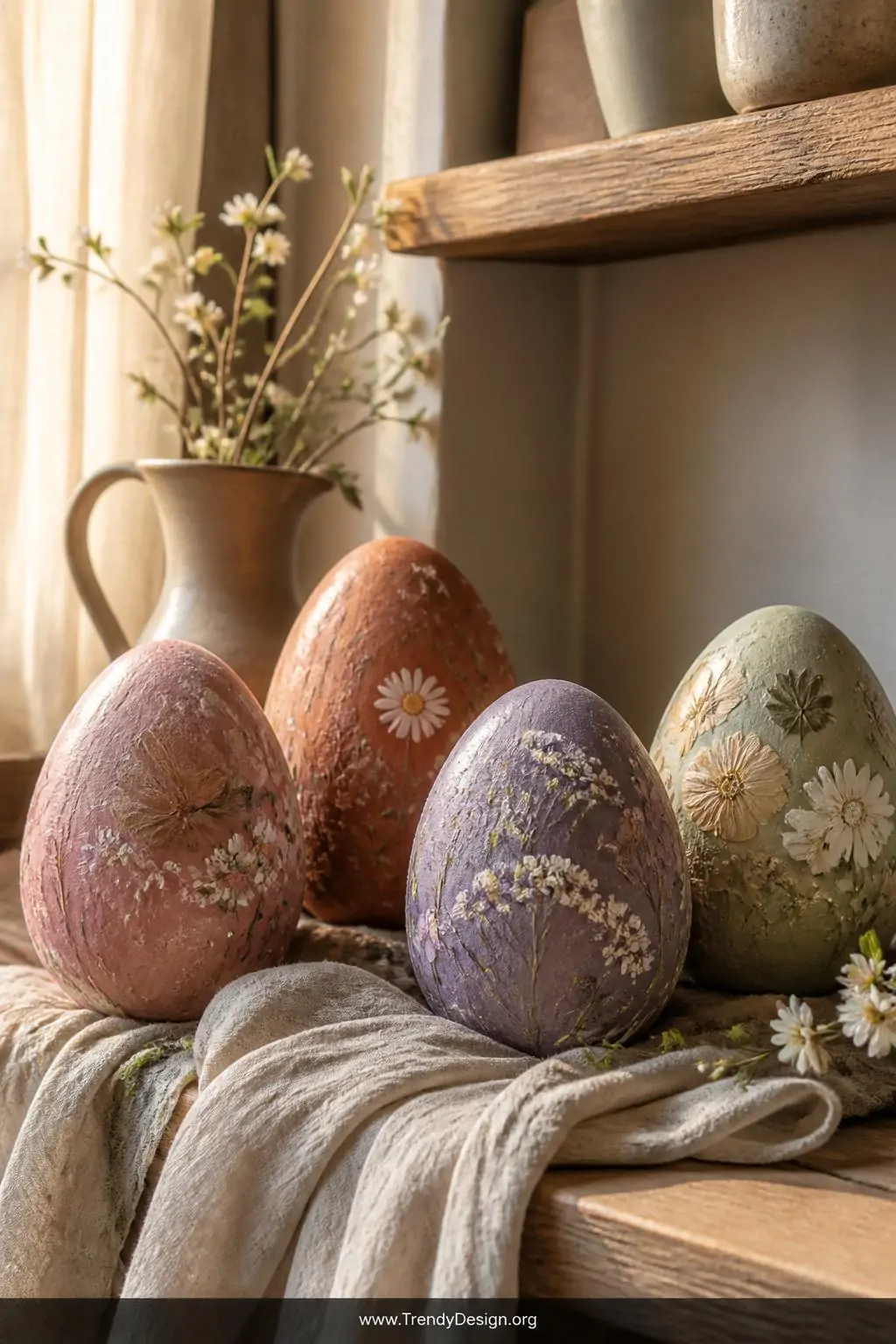A closeup of a boho-styled shelf corner displaying floral Easter egg decorative objects in dusty rose, terracotta, lavender, 
