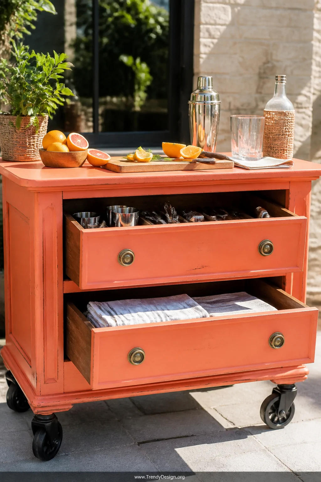 A close-up of a repurposed vintage wooden dresser transformed into a rolling outdoor bar cart, painted in crisp coral with he