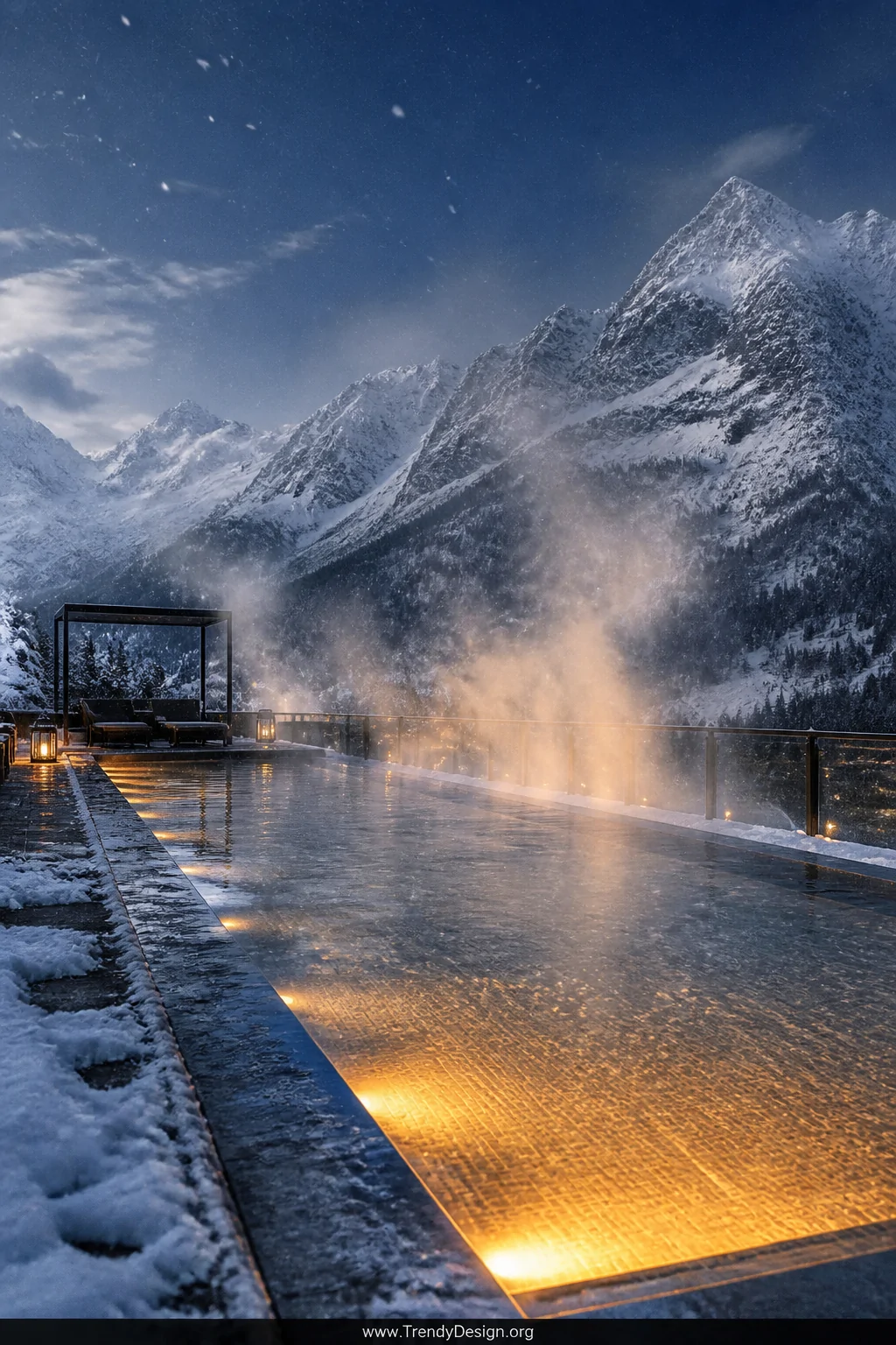 Photorealistic wide-angle shot of The Cambrian Hotel's heated outdoor alpine pool in winter, thick rising steam curling drama
