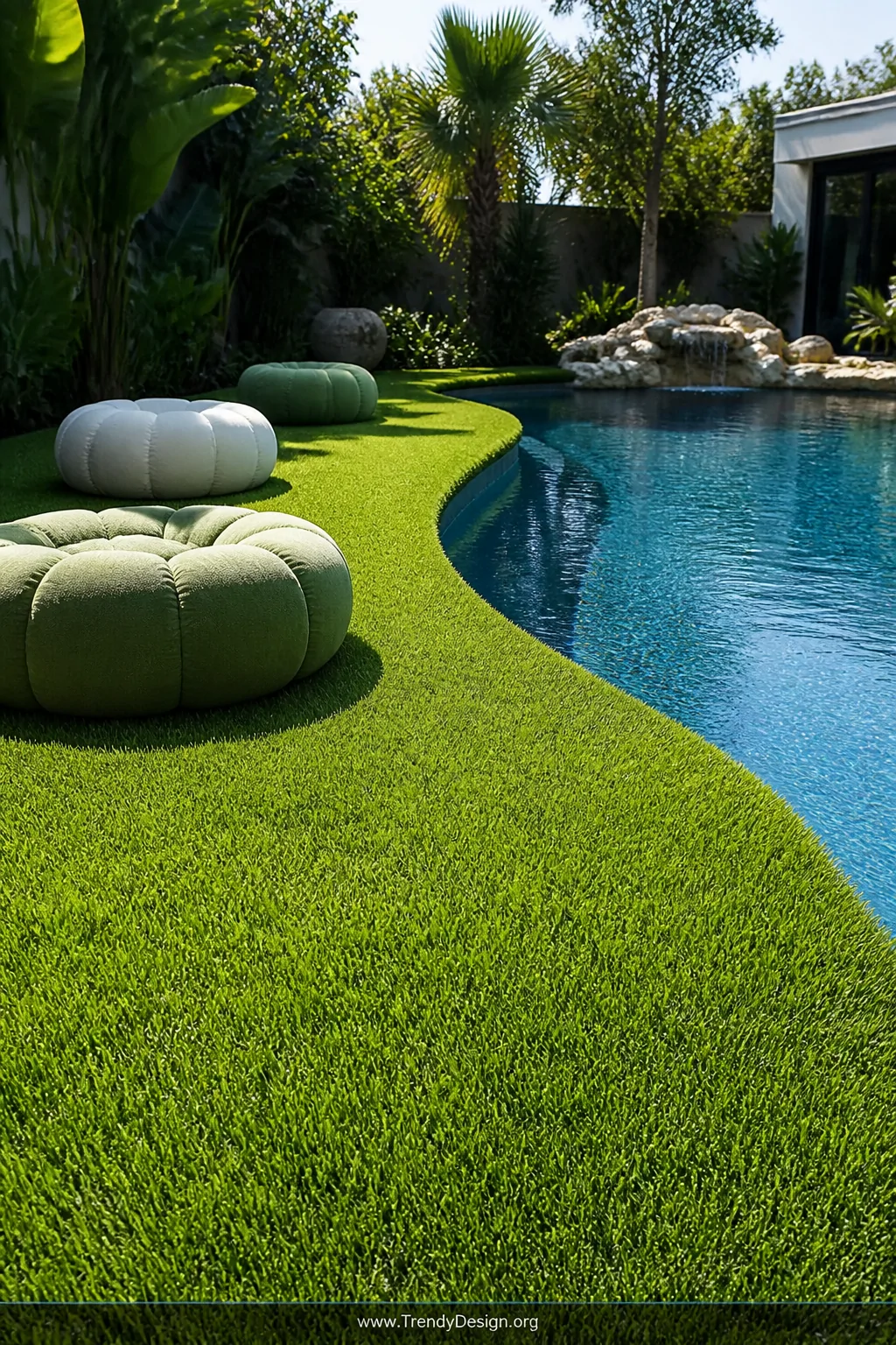 Wide photorealistic shot of a lush vibrant artificial grass border wrapping a freeform backyard pool, dense emerald-green tur