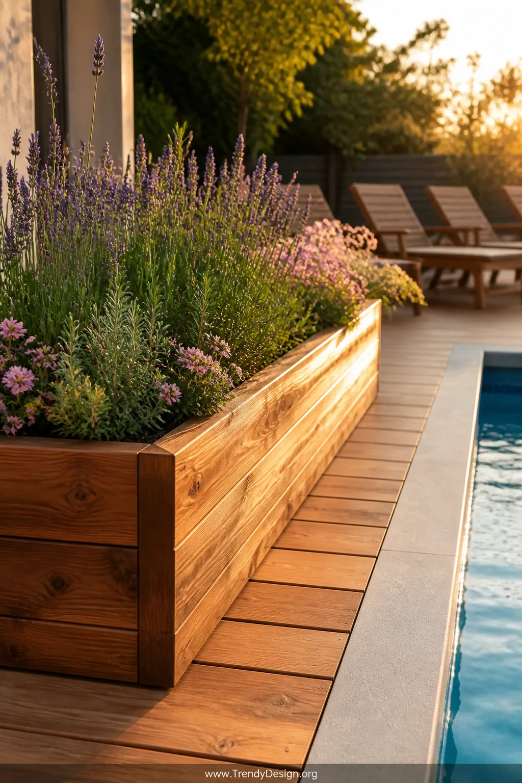 Medium photorealistic shot of a natural cedar raised planter box running along a warm honey-toned teak pool deck, the wood gr