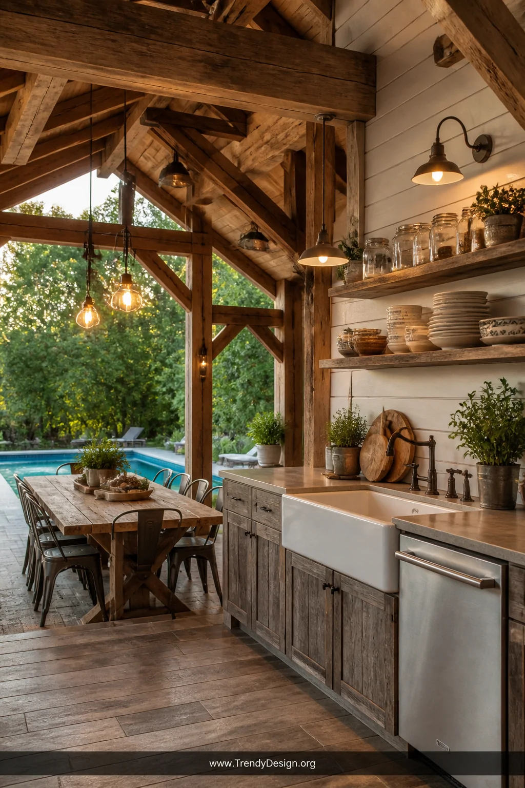 Wide photorealistic interior design shot of a warm rustic farmhouse outdoor pool kitchen sheltered beneath a massive chunky t