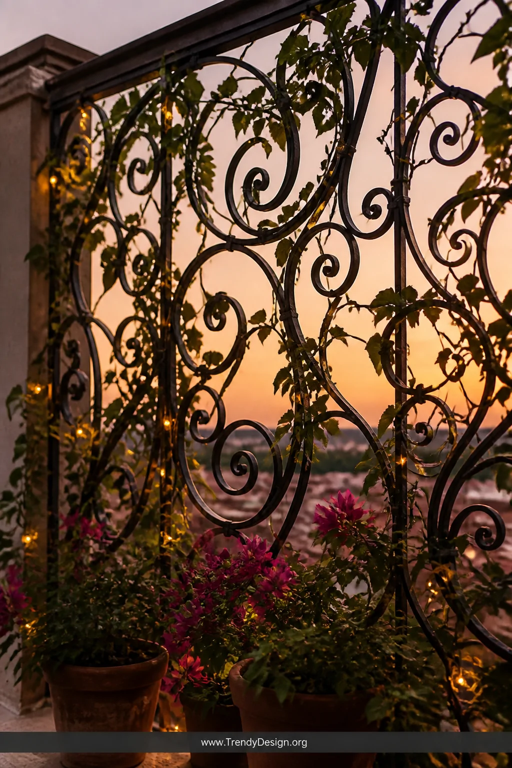 Close-up photorealistic shot of ornate black powder-coated wrought iron railing panels with elaborate scrollwork silhouetted 