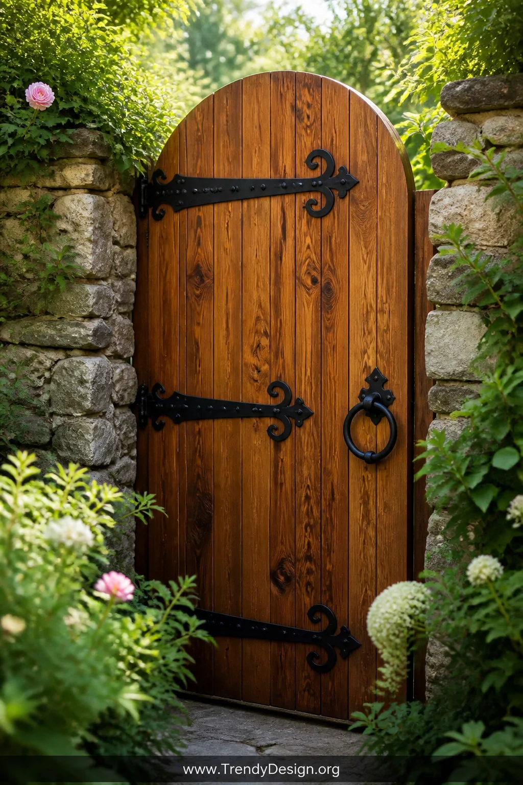 A close-up medium shot of a richly stained cedar arched-top wooden gate with deep honey-brown grain texture, adorned with bla