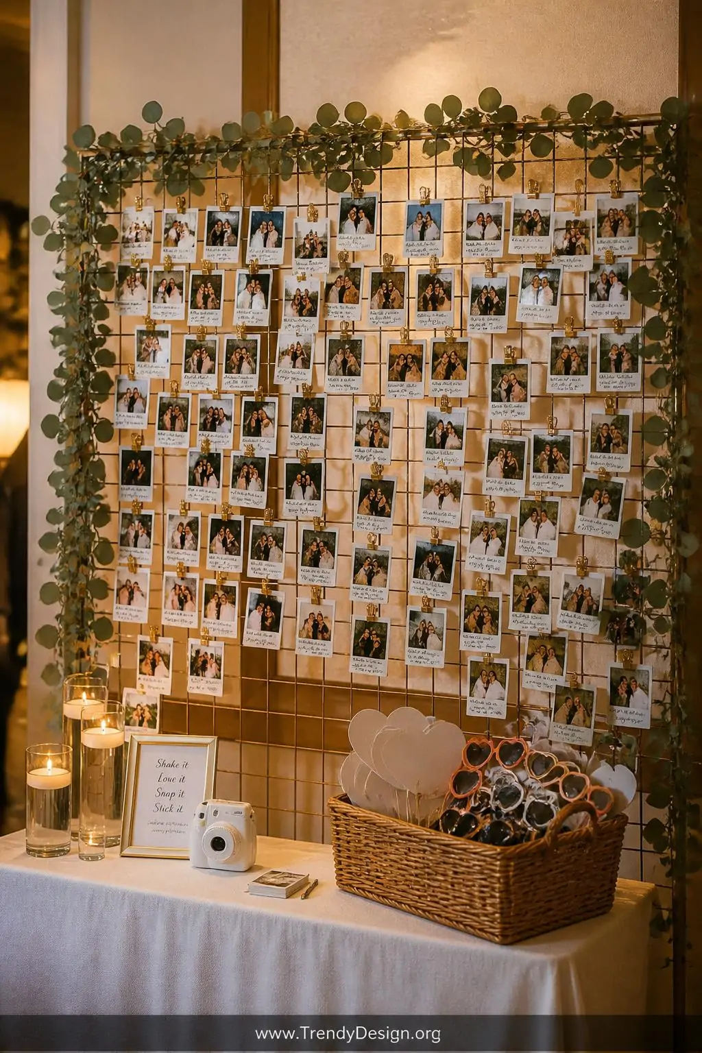 Wide shot of a wire grid display board decorated with trailing eucalyptus garland and brass clips holding dozens of developed