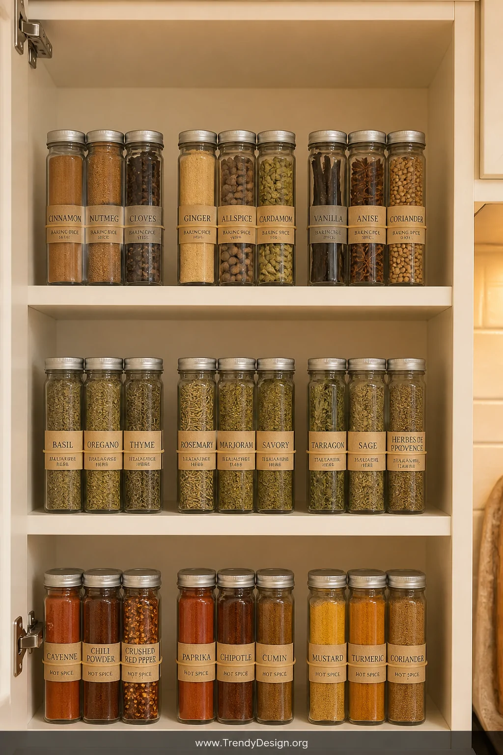 A well-lit kitchen cabinet interior photographed in medium shot, rows of glass spice jars wrapped with rubber bands standing 