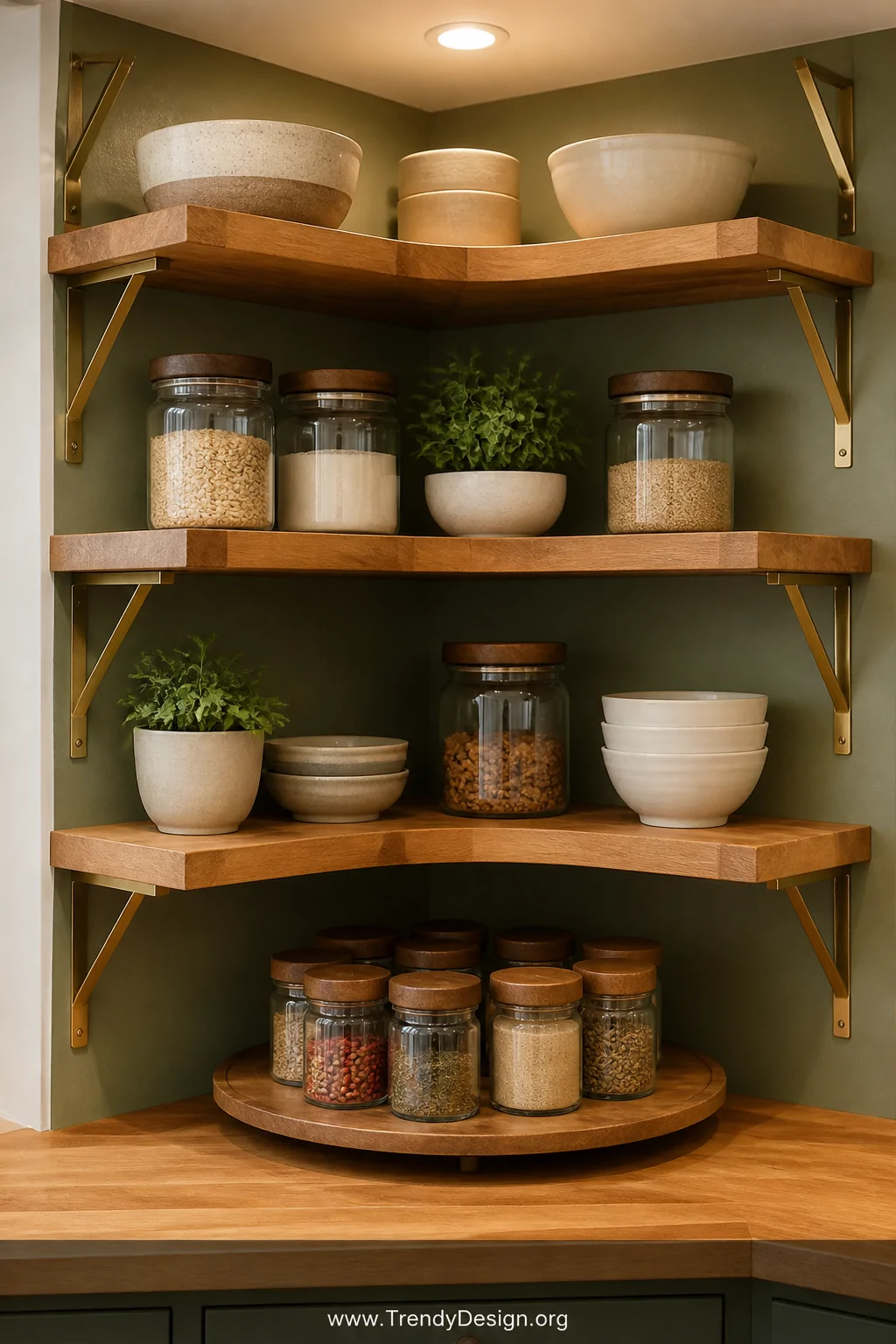 Close-up medium shot of a corner pantry nook with pie-cut natural butcher block shelving supported by angled brushed brass co