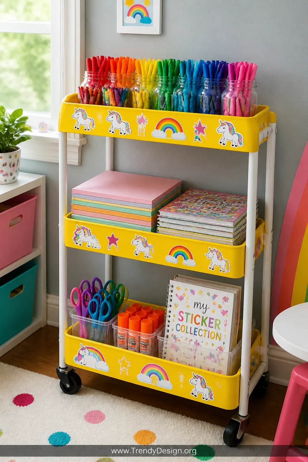 Medium shot of a colorful playroom corner showcasing a bright yellow and white rolling cart covered in rainbow unicorn sticke