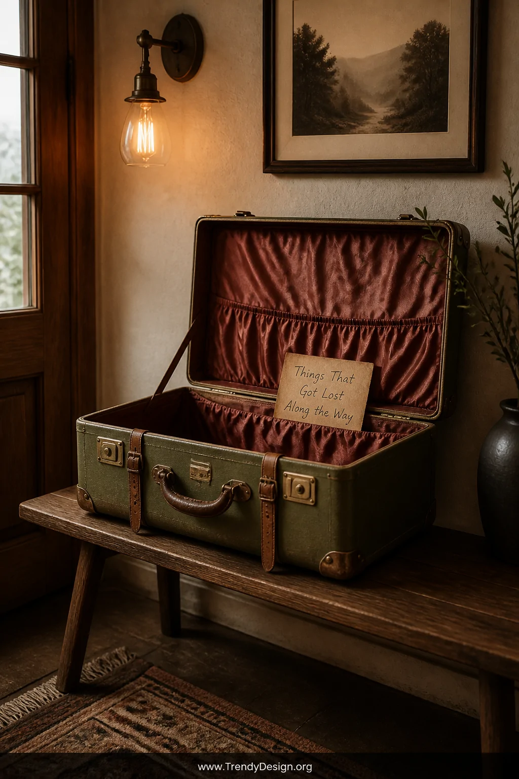 Medium shot of an open vintage hard-shell suitcase in aged olive green with brass corner hardware and worn leather straps pro