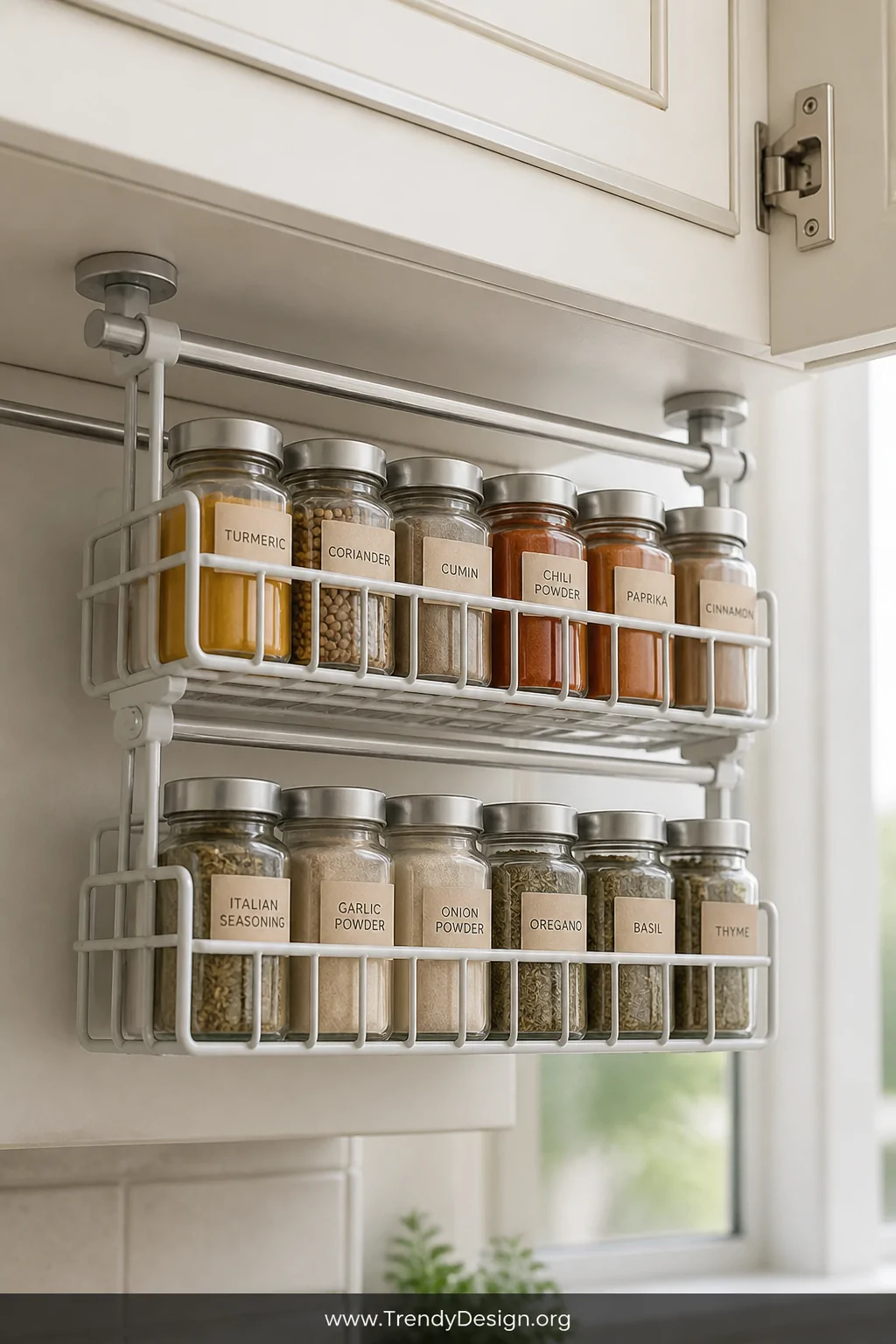 A closeup photorealistic interior design image of the interior underside of a cream-painted cabinet fitted with two matte chr