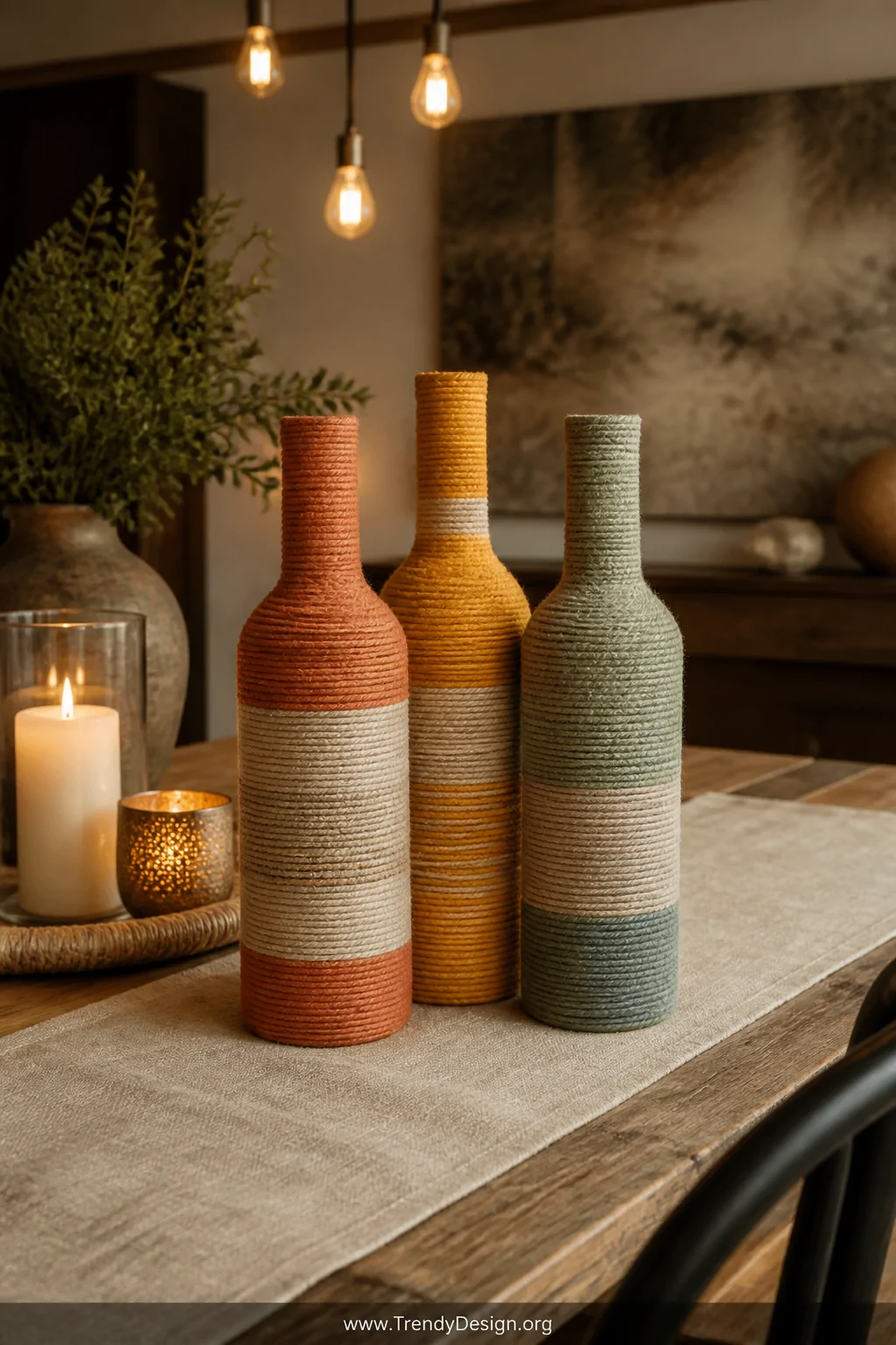 Three yarn-wrapped wine bottles in terracotta, mustard yellow, and sage green grouped as a centerpiece on a weathered oak din