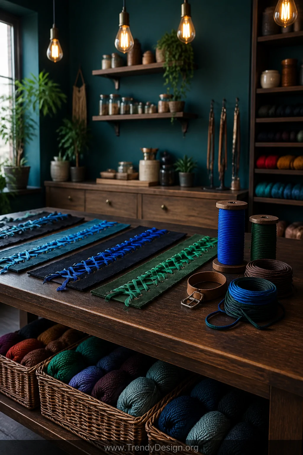 A moody jewel-toned craft studio with a deep teal accent wall under warm Edison bulb pendant lighting, a dark walnut craft ta