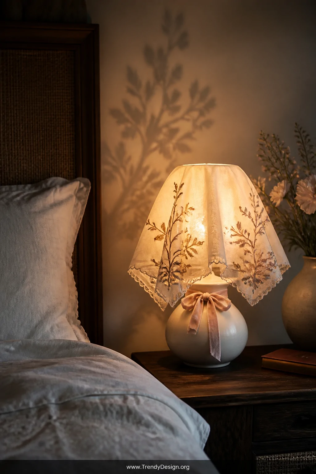 A dreamy bedroom nightstand closeup featuring a small ceramic table lamp with a delicate vintage handkerchief draped over its