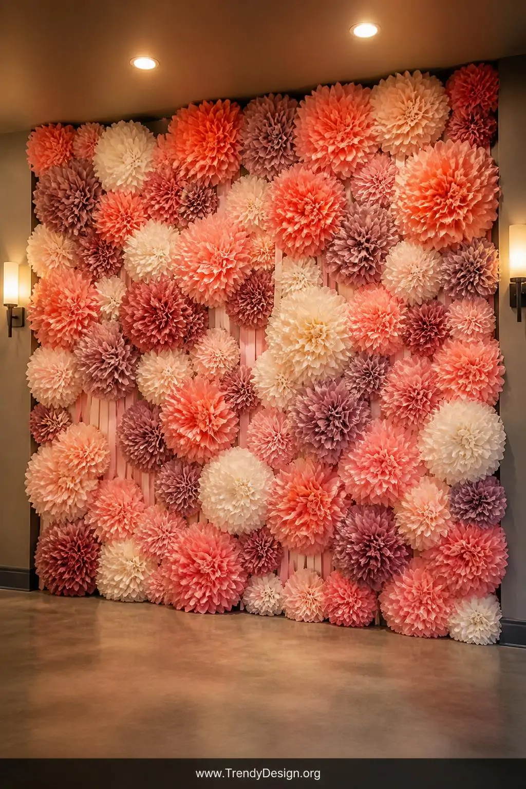 Wide shot of a dramatic party backdrop wall completely covered in densely layered tissue paper pom-pom flowers in coral, mauv