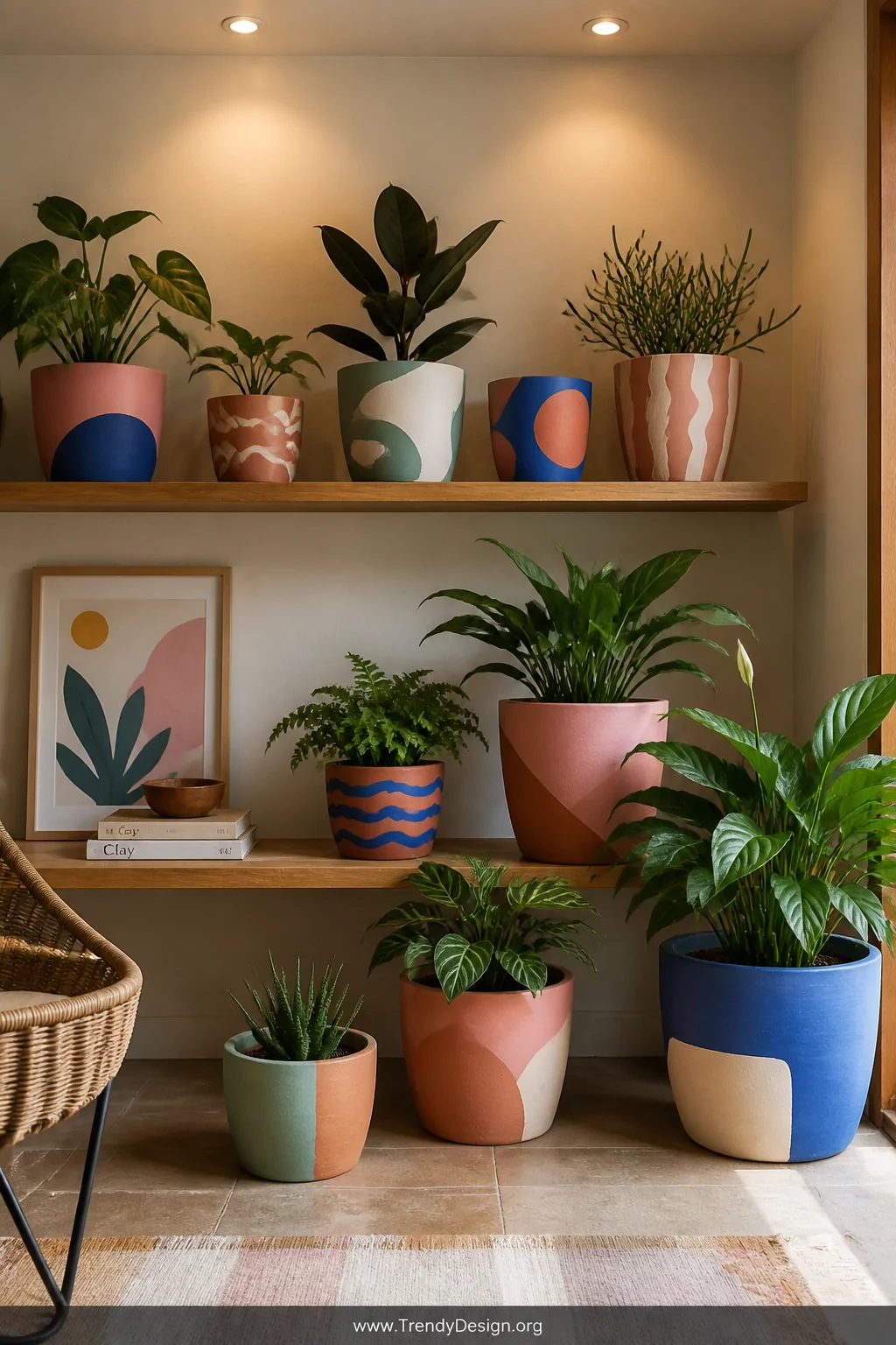 A wide room shot of a bright creative corner with multiple terracotta pots arranged on a wooden shelf and floor, each hand-pa
