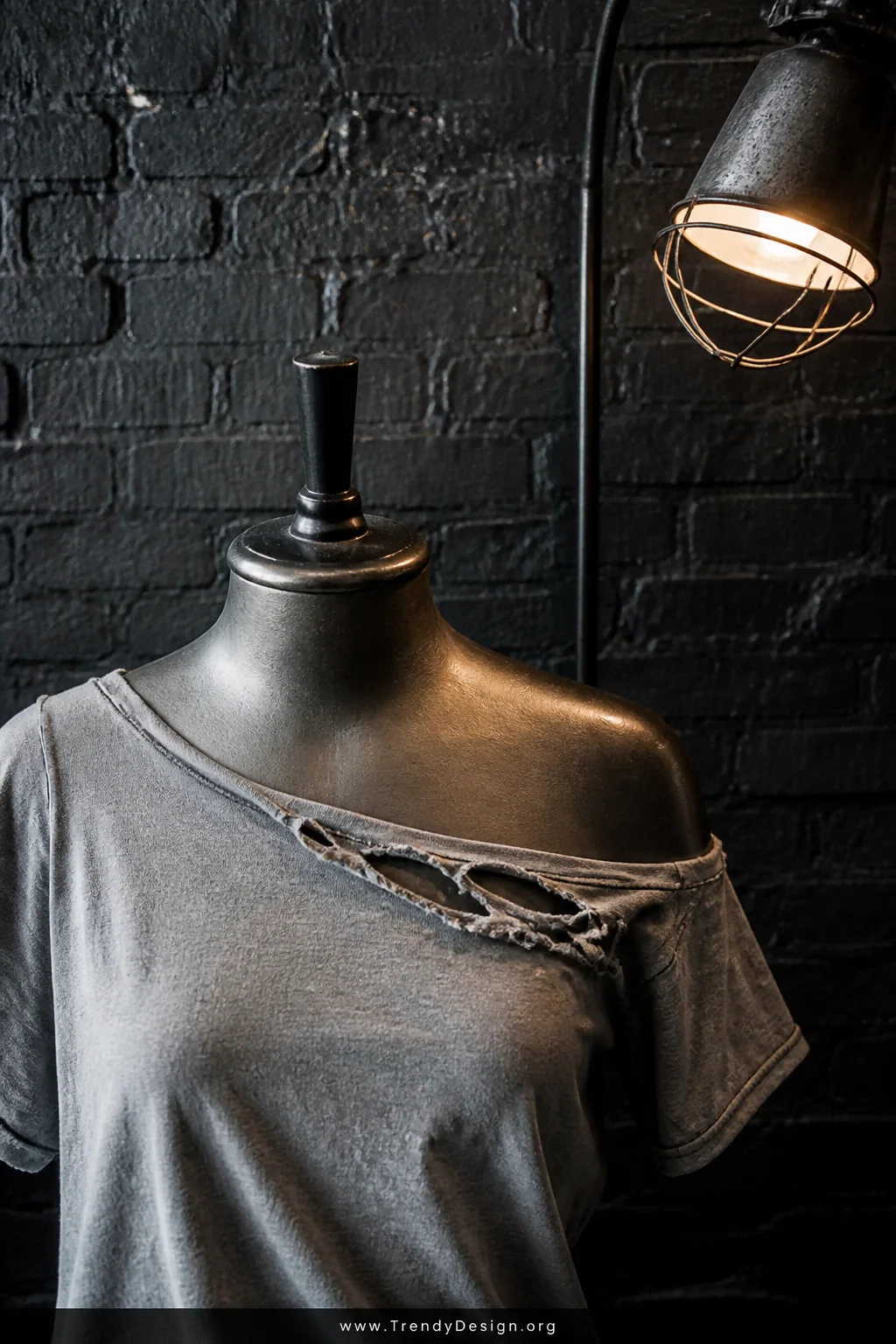 A closeup shot of a dramatically cut wide scooping off-shoulder neckline on a faded gray cotton t-shirt draped over a dark st