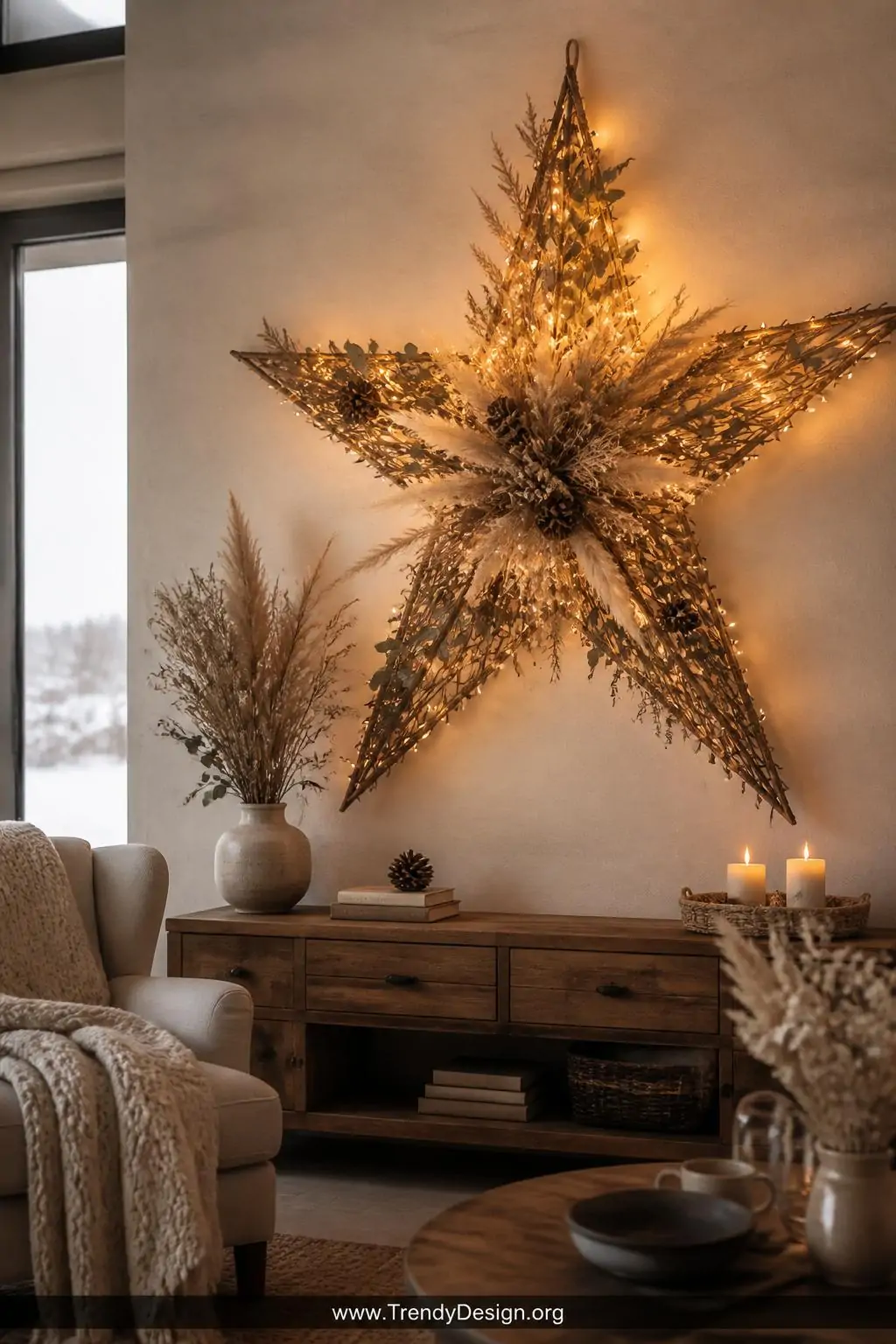 A wide photorealistic interior shot of a Scandinavian-style living room where a large rustic parol crafted from irregular dri