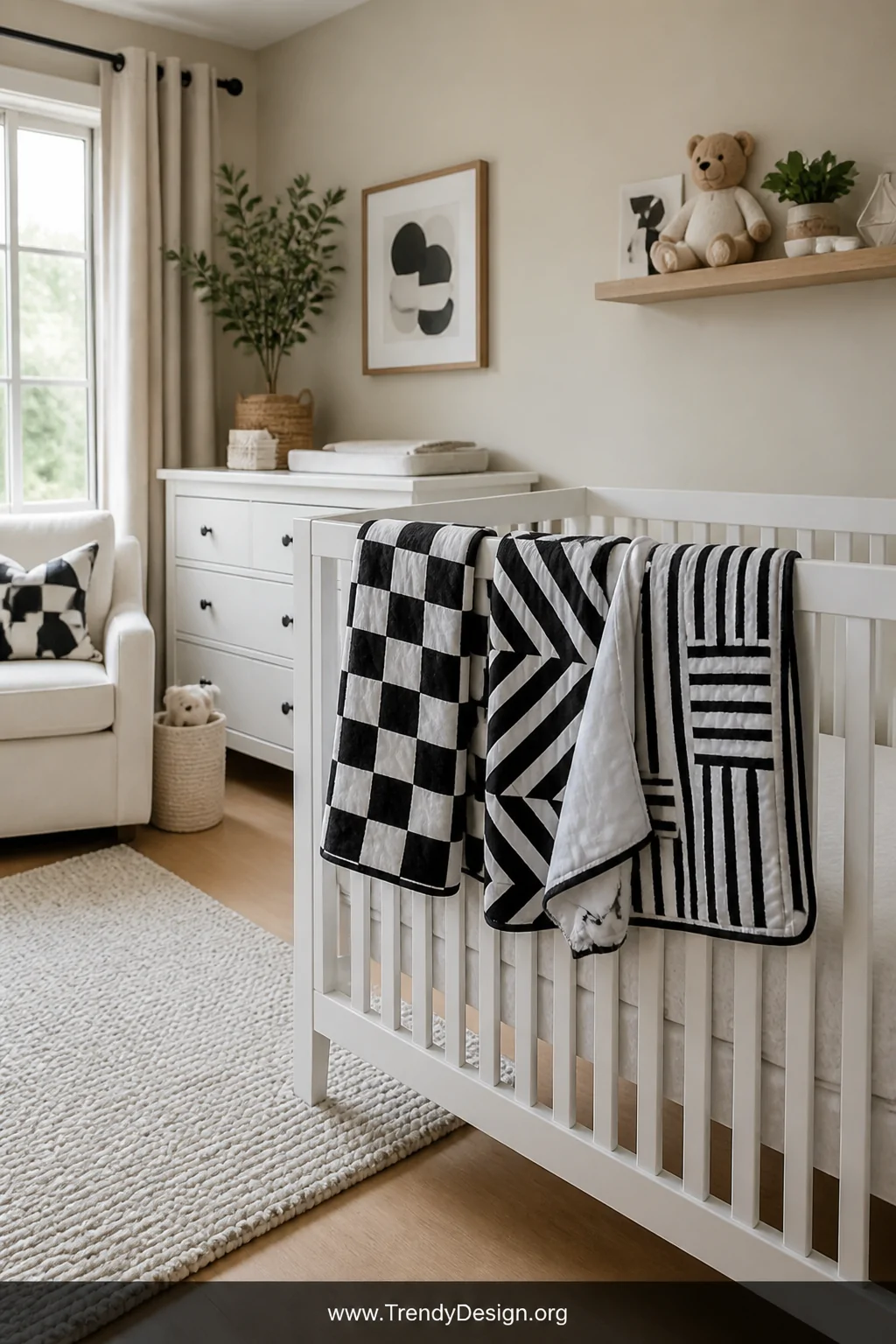 A wide room shot of a sleek modern nursery with bold black-and-white graphic burp cloths   featuring checkerboard and geometr