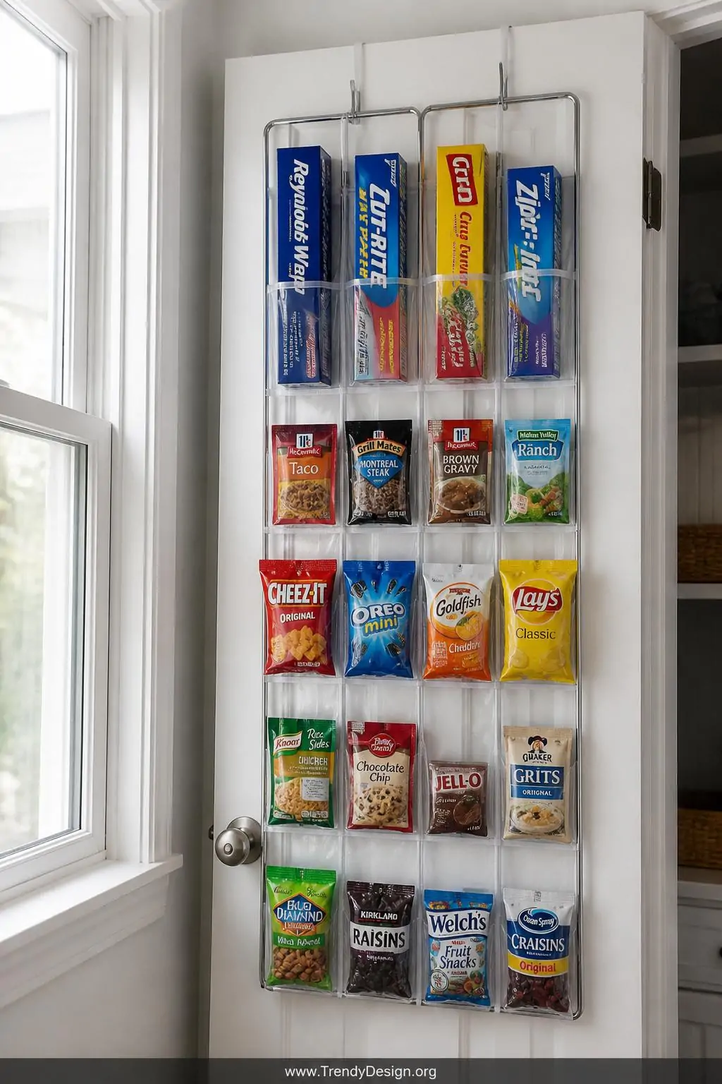 Closeup shot of a white painted pantry door fitted with a sleek chrome over-the-door organizer holding neat rows of foil boxe