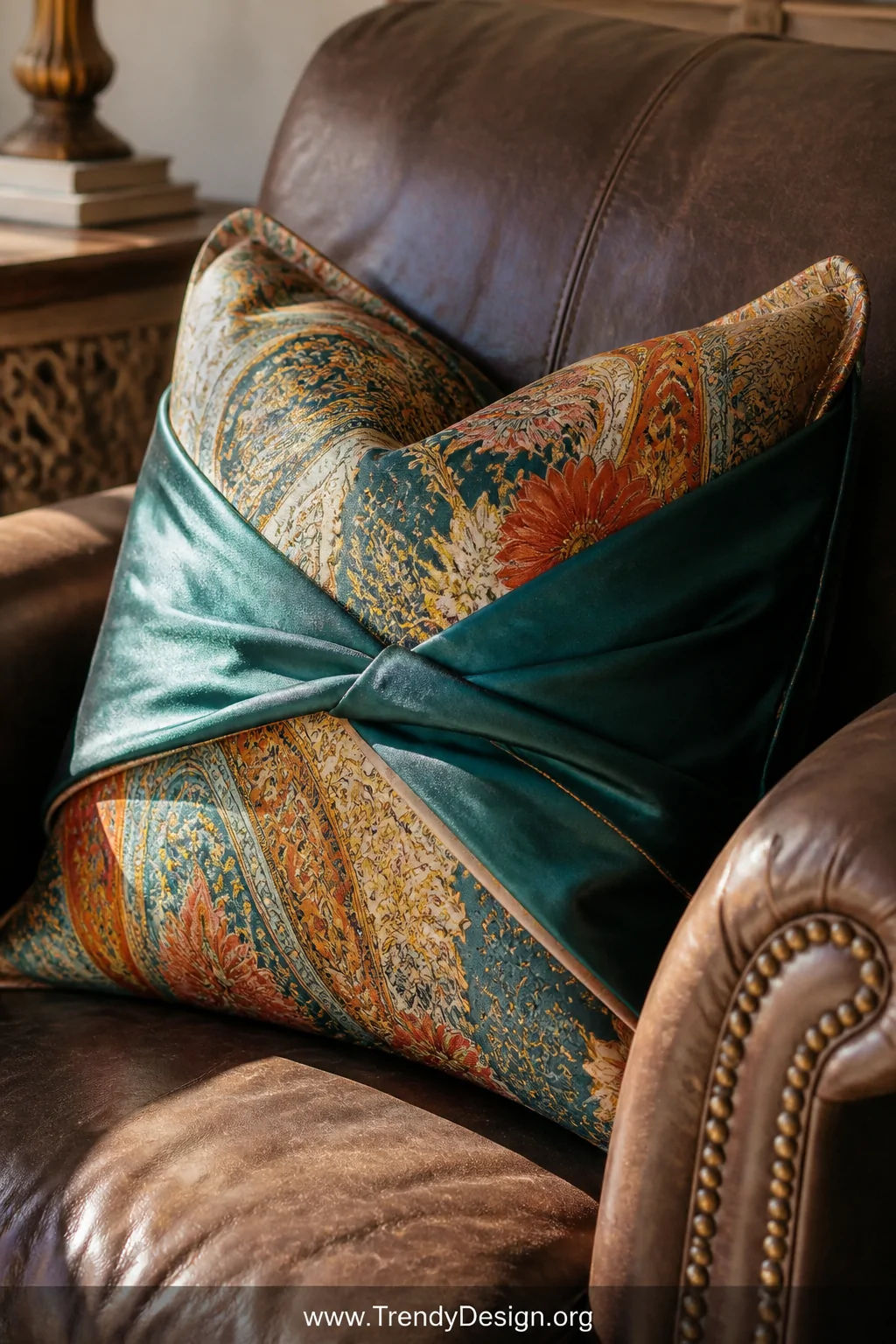 A close-up detail shot of a pillow wrapped in a vibrant vintage silk scarf featuring bold paisley and floral prints in jewel 