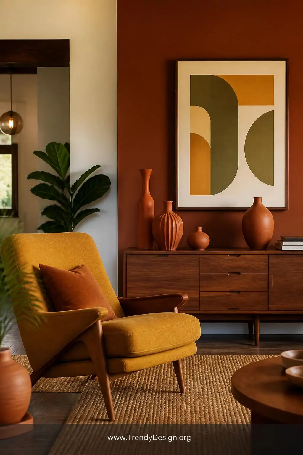 Medium photorealistic interior shot of a mid century modern living room featuring a creamy white accent wall beside a deep bu