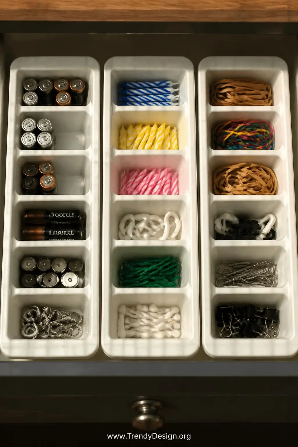 Closeup overhead shot of three repurposed white ice cube trays arranged side by side inside a shallow kitchen junk drawer, ea