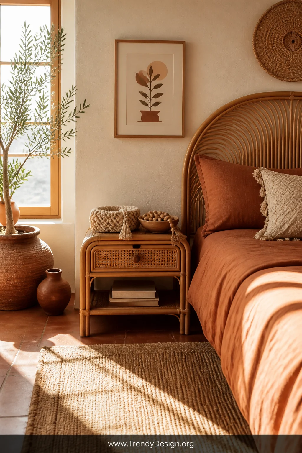 A wide shot of a sun-drenched boho bedroom corner with a rattan nightstand displaying a macramé headband in natural beige cot