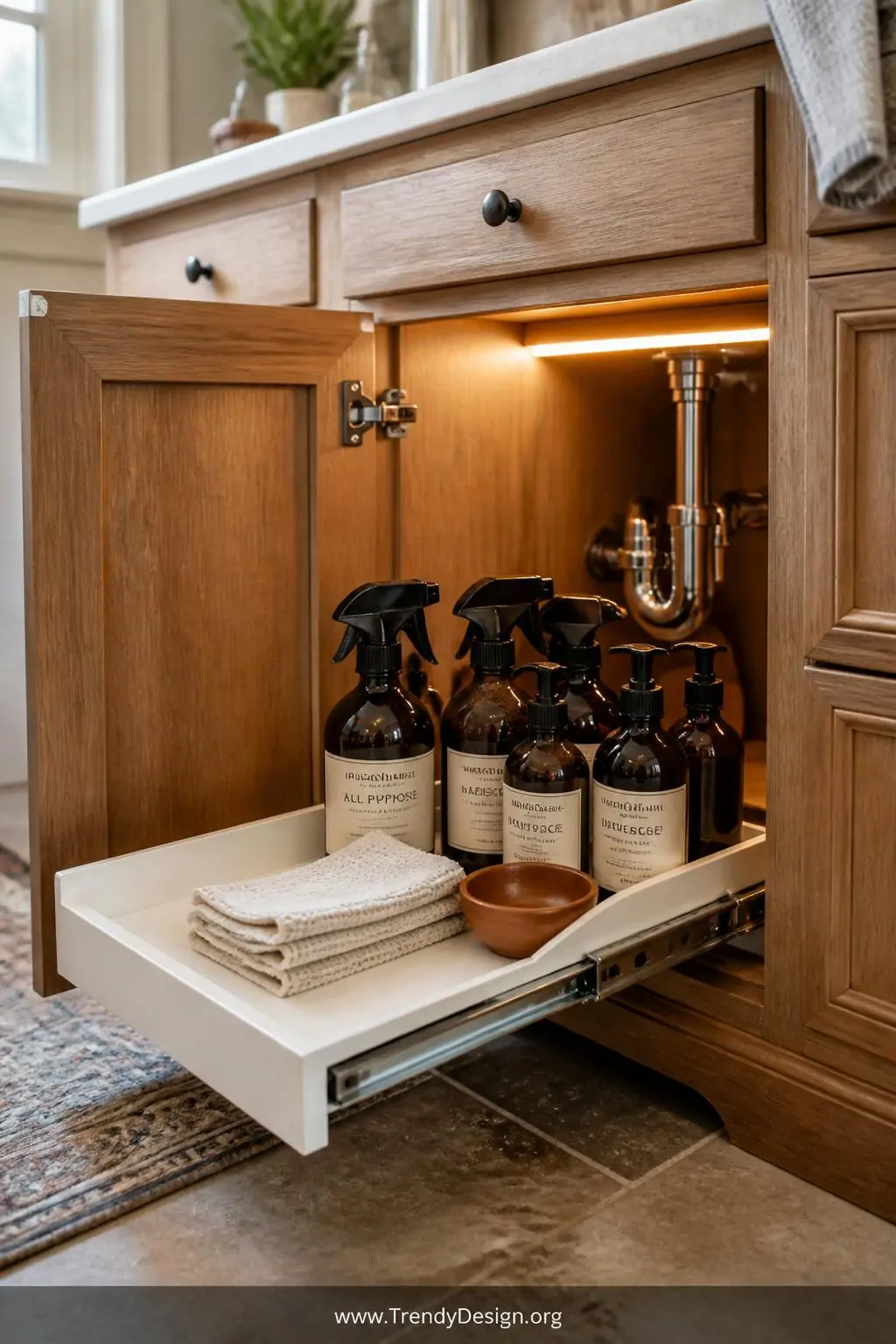 A wide photorealistic interior design shot of a farmhouse-style bathroom cabinet with a matte white coated metal pull-out sli