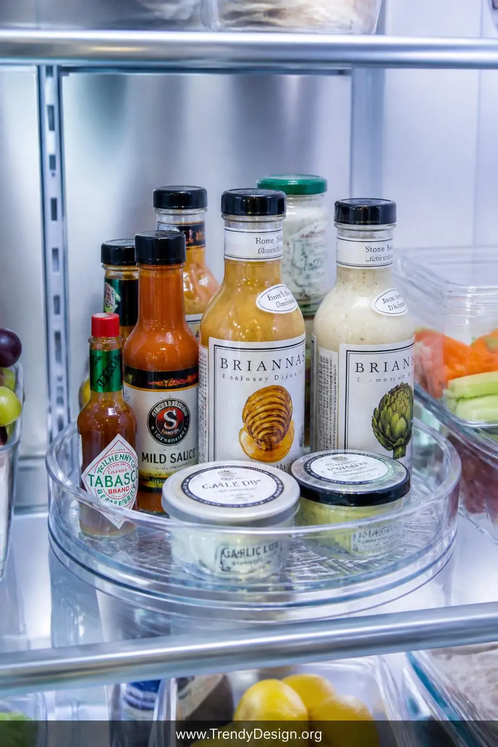 A crisp close-up inside a bright stainless steel refrigerator shelf shows a crystal-clear acrylic lazy Susan spinning with ne