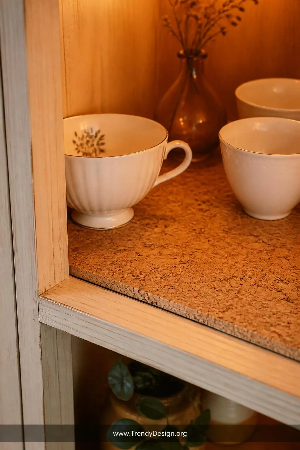 Close-up photorealistic detail shot of warm honey-toned cork shelf liners inside a farmhouse kitchen cabinet, delicate white 