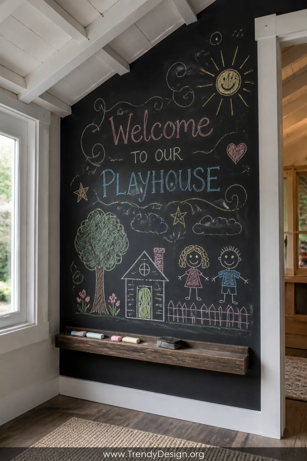 Medium interior shot of a playhouse wall coated in matte black chalkboard paint framed with painted white wood trim, a small 