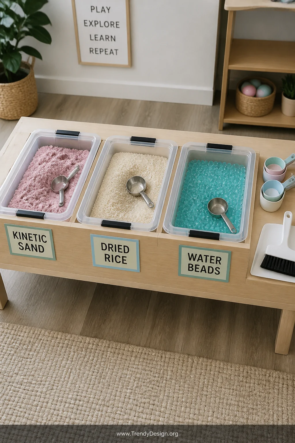 Medium photorealistic overhead-angle shot of a sensory bin station featuring three shallow plastic containers on a low wooden